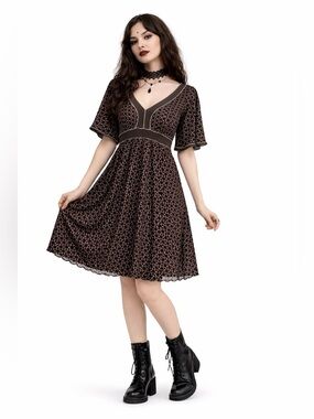 90s Max Studio Brown Boho Print Empire Waist Dress Flutter Sleeve | Whimsigoth M